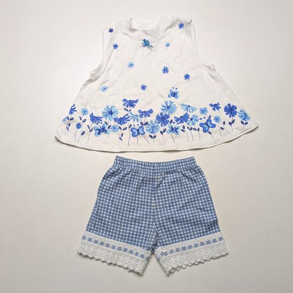 Vintage Young Hearts Outfit Girls Size 2T Blue Floral Gingham Biker Shorts Tank - Picture 1 of 9